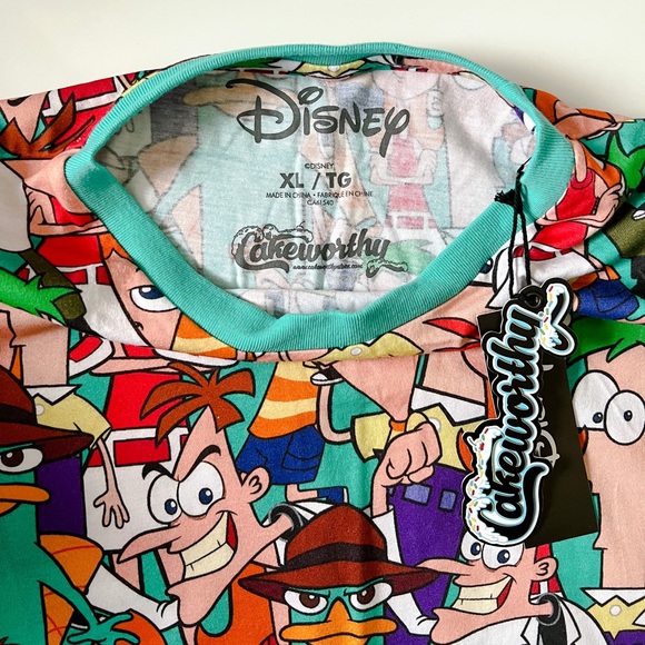 Phineas & Ferb Cakeworthy AOP T-Shirt NWT - Picture 3 of 3